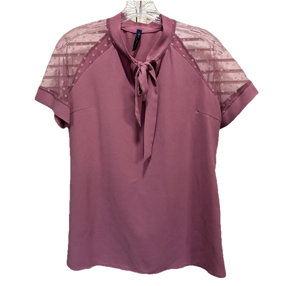 Luna Rae Mauve Blouse Size Small Sheer Short Sleeve‎ Chiffon Tie Neck